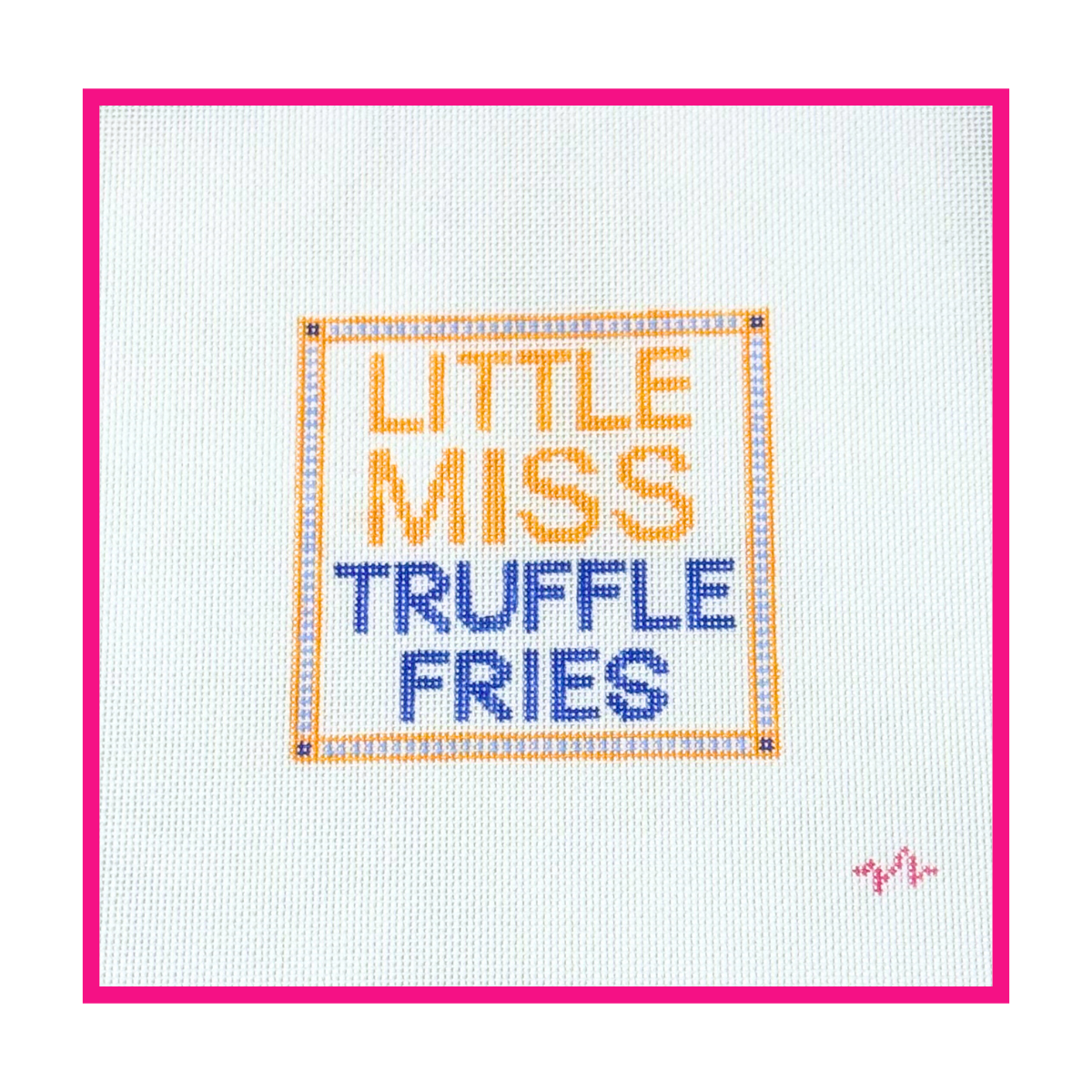 Woven white needlepoint canvas with a hand-painted design